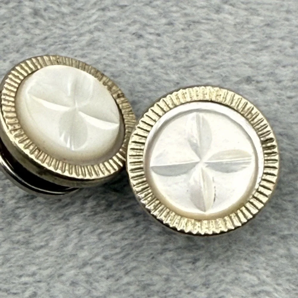 Vintage Cufflinks Silver Tone Snap Mother of Pearl - Picture 4 of 7